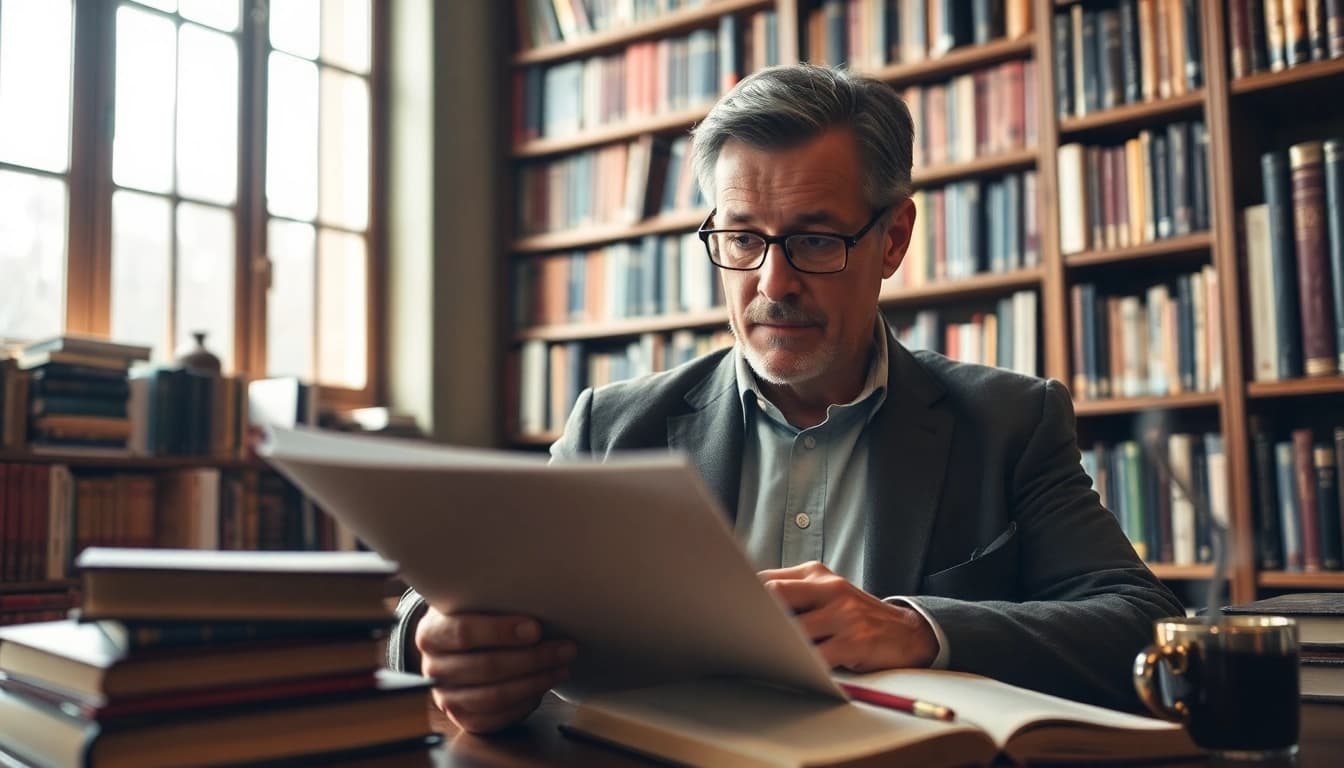 Dee Brown, an accomplished author, reviews a manuscript in a warm library.
