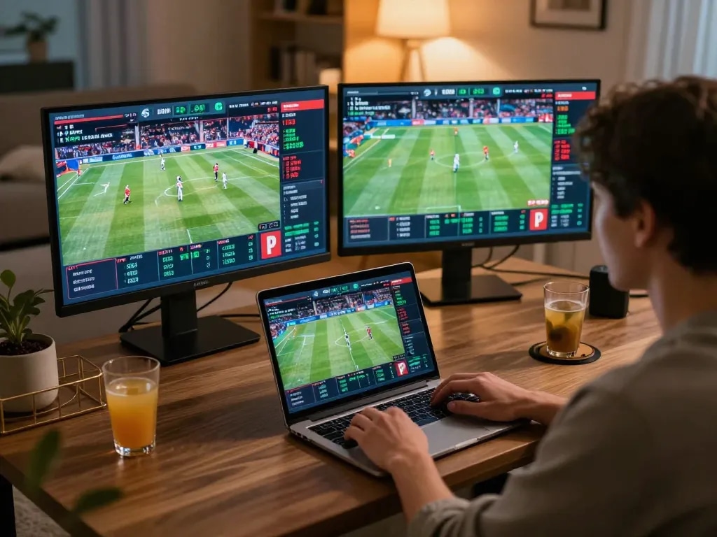 Betting live with NHÀ CÁI FABET on multiple screens showcasing exciting sporting events and odds.