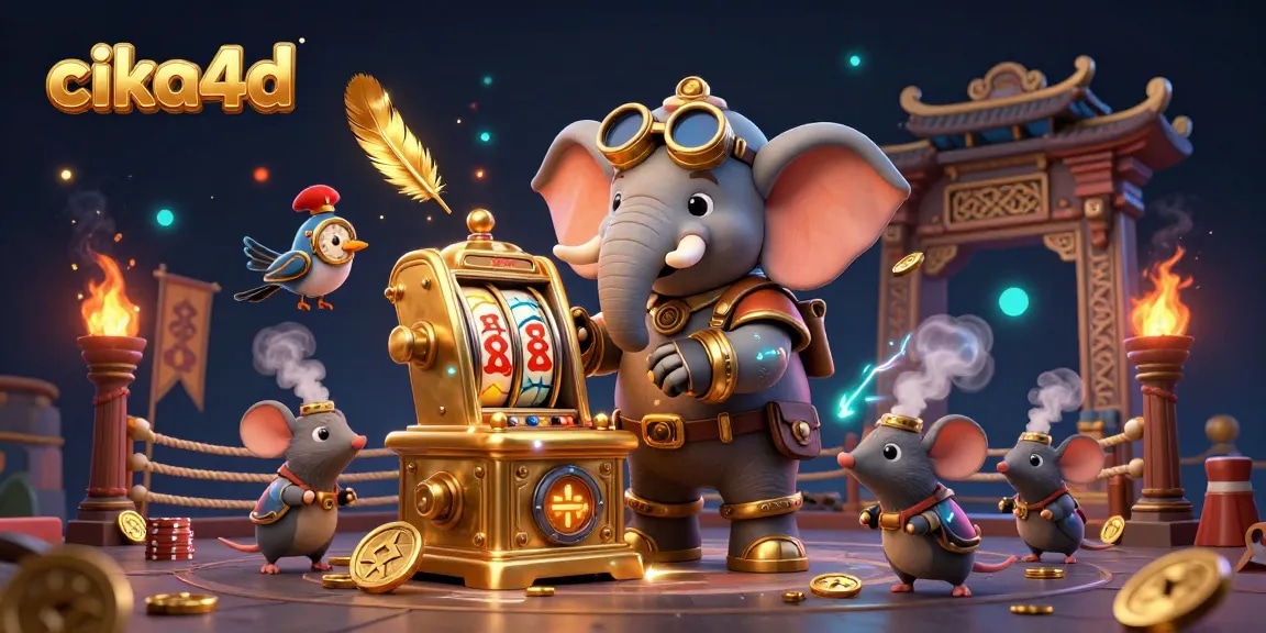 Cika4d steampunk elephant engineer spins a golden slot machine amidst swirling feathers and vibrant casino elements.