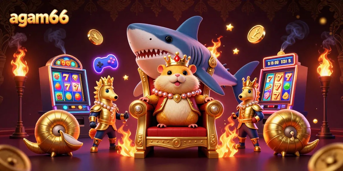 Experience exciting winnings with agam66 at vibrant casino-themed illustration featuring golden hamster king, slot machines, and jackpot symbols.