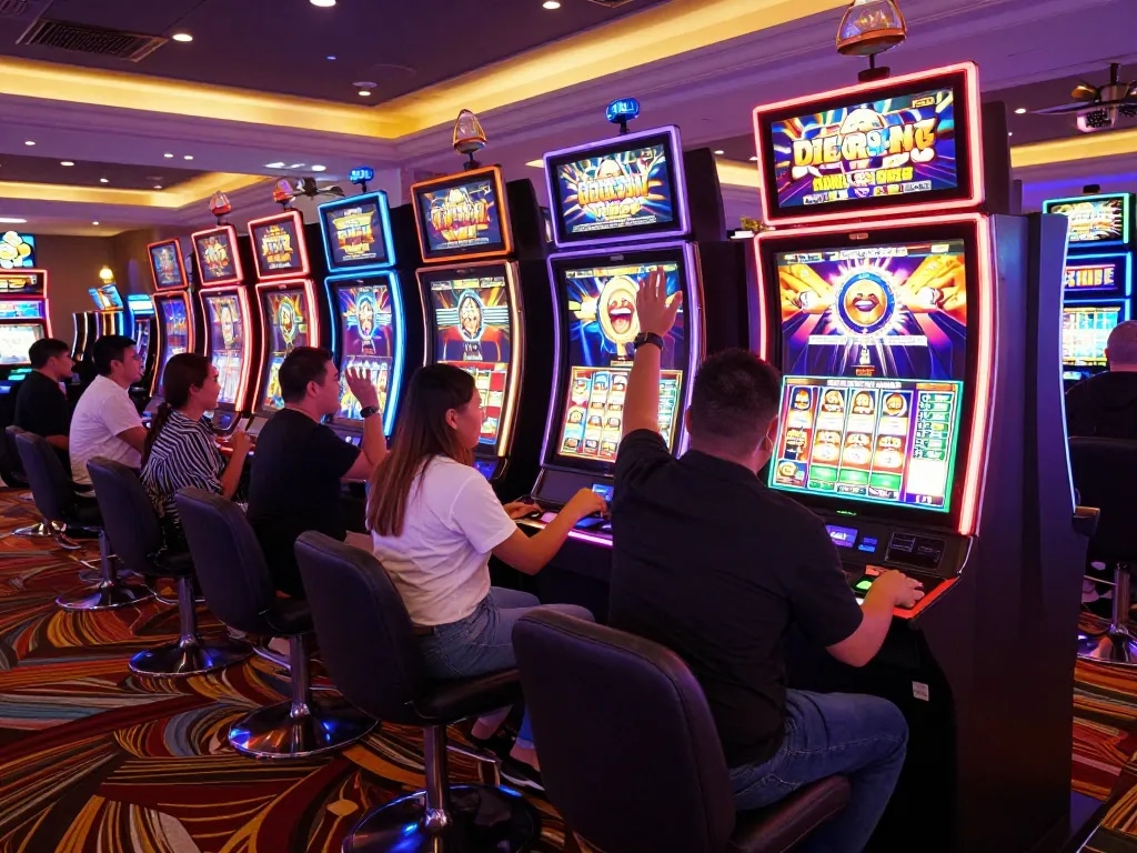 Players enjoying the thrill of slot77 machines with vibrant lights and excitement in a casino.