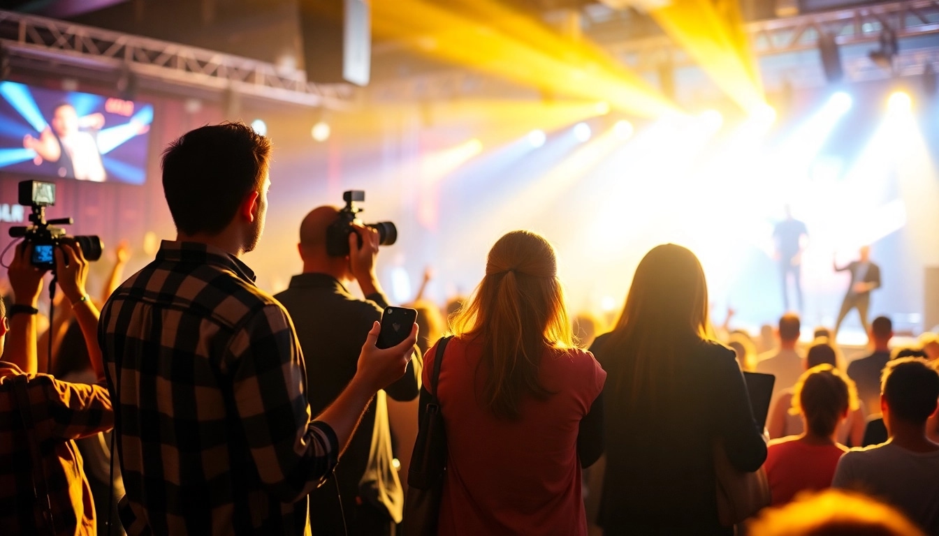 Engaged professionals at a music PR firm creating opportunities for artists during a live event.