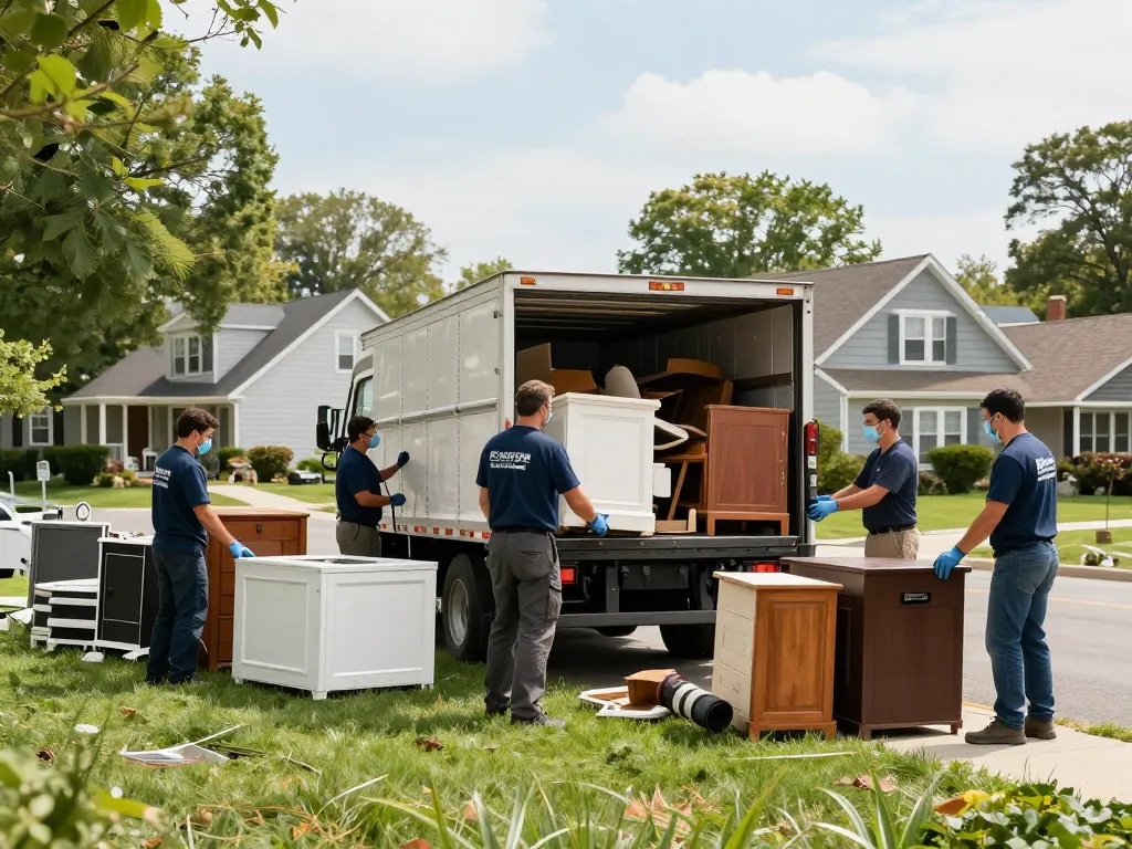JUNK REMOVAL BERGEN COUNTY team loading furniture and appliances into truck, ensuring a clean neighborhood.