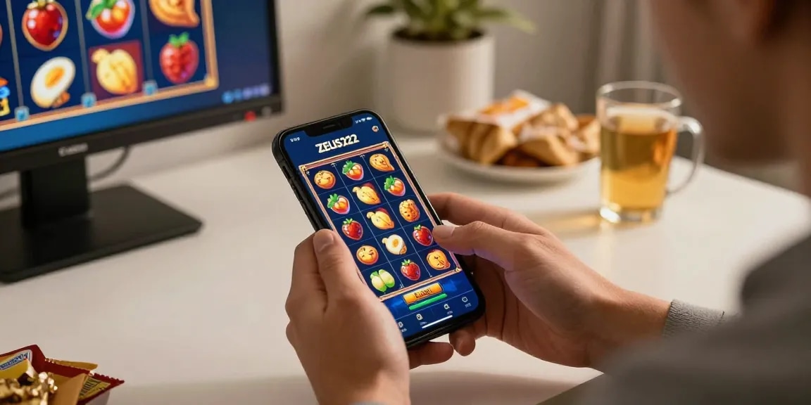 Player enjoying ZEUS222 mobile slot game in cozy home setup, showcasing an immersive gaming experience.
