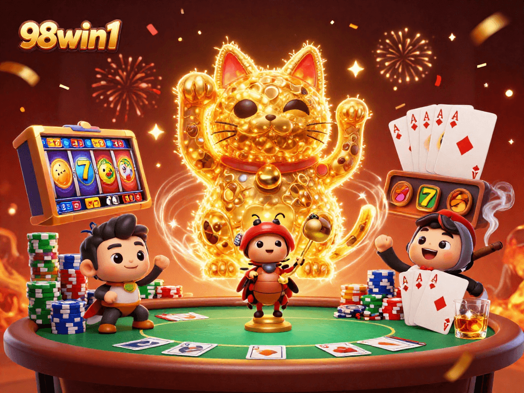 Engage with thrilling 98win1 casino content featuring a dynamic 3D lucky cat amidst vibrant gaming symbols.
