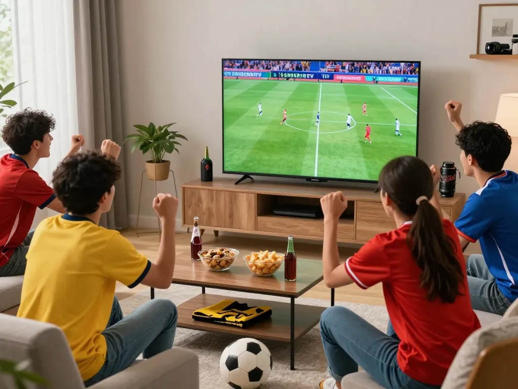 Friends enjoying a thrilling match on LuongSon TV in a vibrant living room, capturing the excitement of live sports.