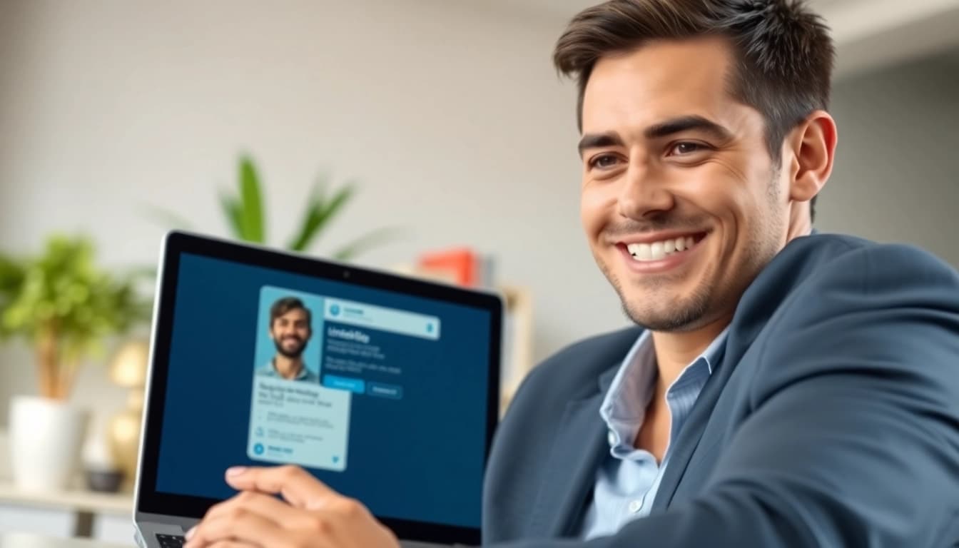 Rent LinkedIn Profile showcasing a professional in a virtual networking session with a laptop.