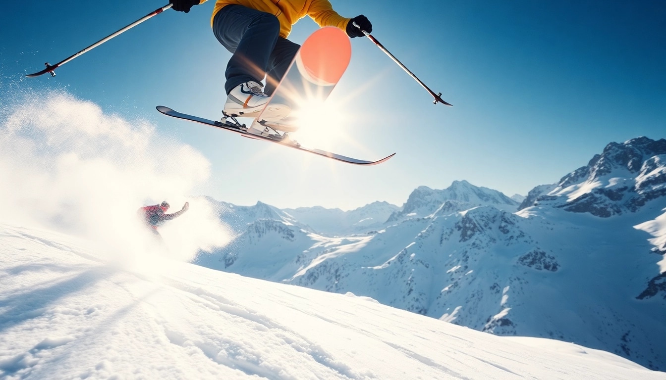 Skis in action as a skier jumps over snowy mountains, showcasing performance and adrenaline.