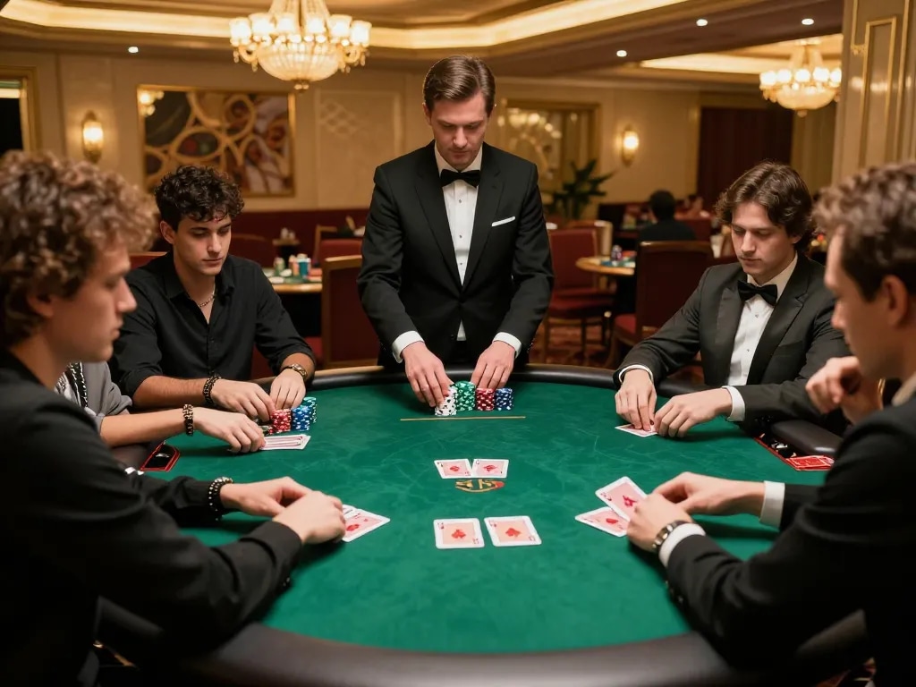 DewaPoker poker game in action with players engaged at a vibrant green felt table.