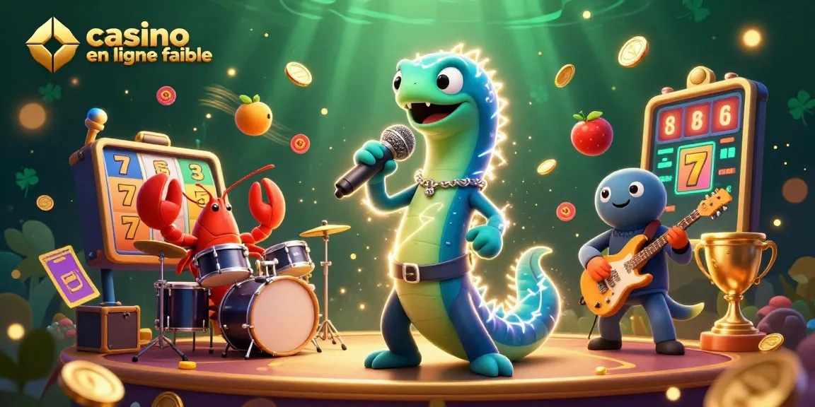 Jeu à « casino en ligne fiable » avec une scène animée d'un poisson électrique et son groupe, entourés de machines à sous gagnantes.