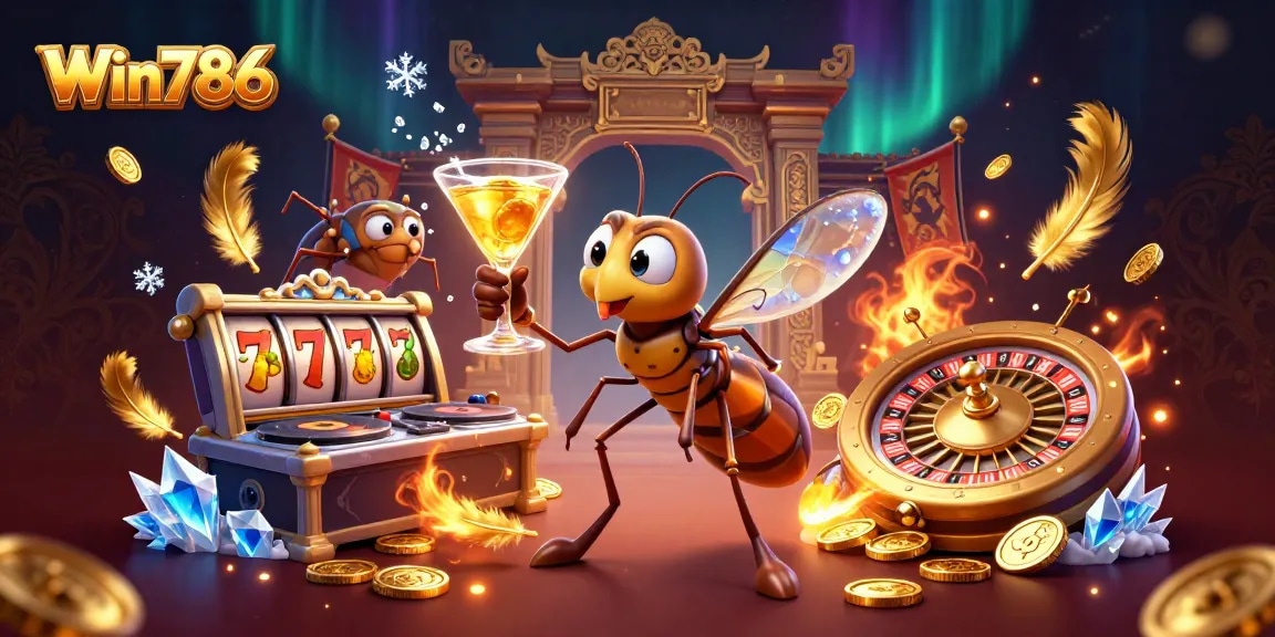Win786 casino illustration with a frozen mosquito mascot and a trilobite DJ featuring dynamic gaming elements.