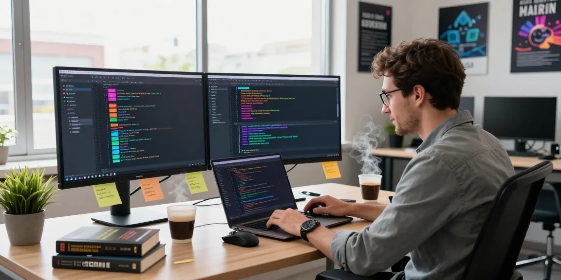 Developer coding in vibrant workspace highlighting 纸飞机中文版官网 features and tech tools.