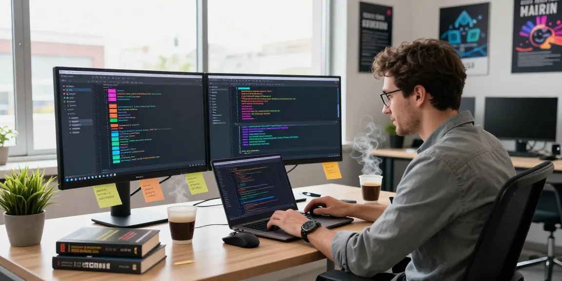 Developer coding in vibrant workspace highlighting 纸飞机中文版官网 features and tech tools.