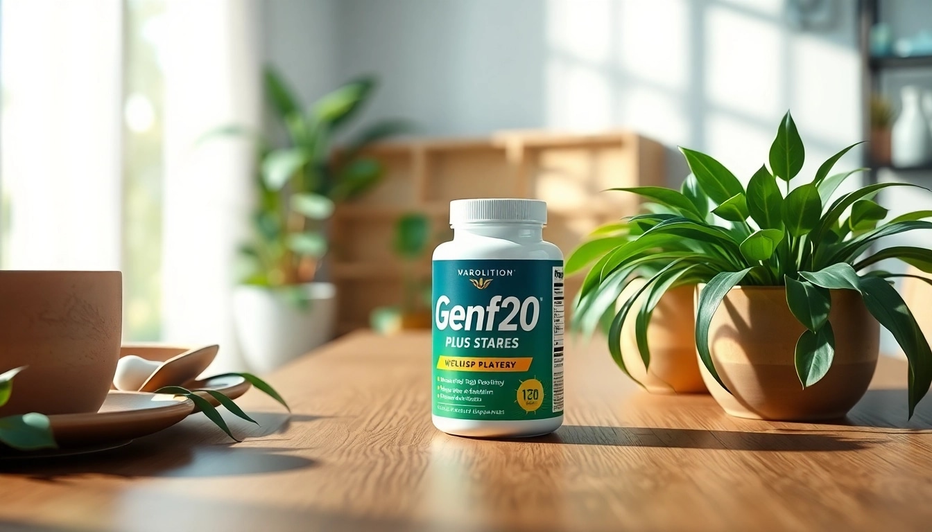 Showcasing Genf20 Plus supplements on a wooden table amidst greenery, highlighting health benefits.