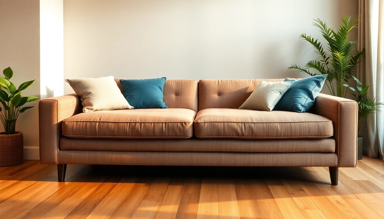 Cozy sofa bed in a modern living room with elegant decor and warm lighting