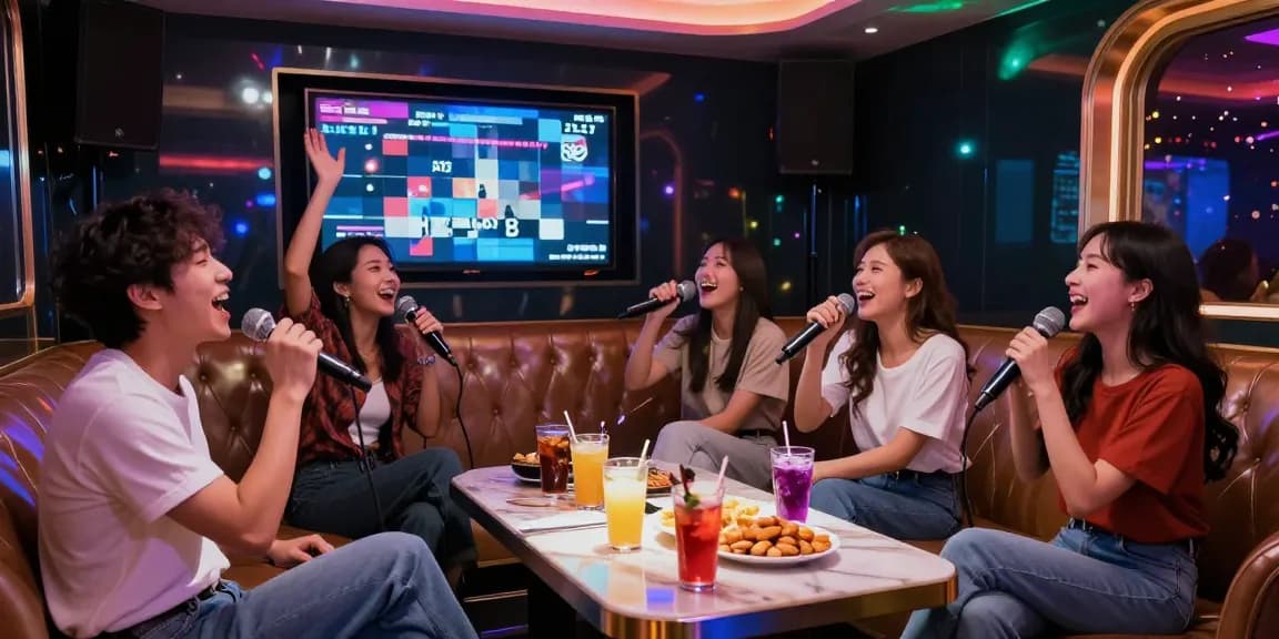 강남 가라오케에서 친구들과 함께 노래를 부르며 즐거운 시간을 보내는 모습