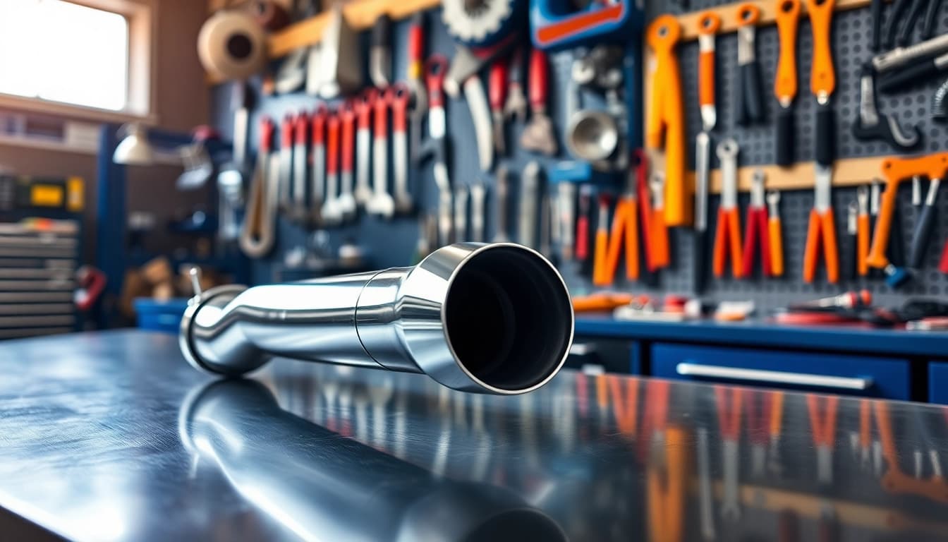 Inspect the G9X downpipe showcased on a polished surface in a well-lit automotive workshop.