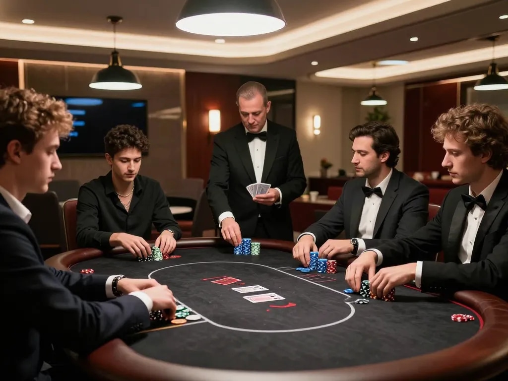Experience the thrill of poker at okwin, showcasing players in an upscale gaming environment