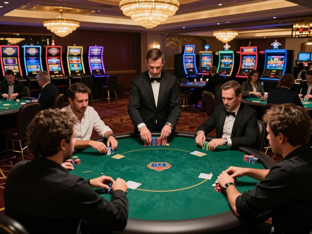 Players strategically betting at a competitive poker table in 88fc's upscale casino environment.