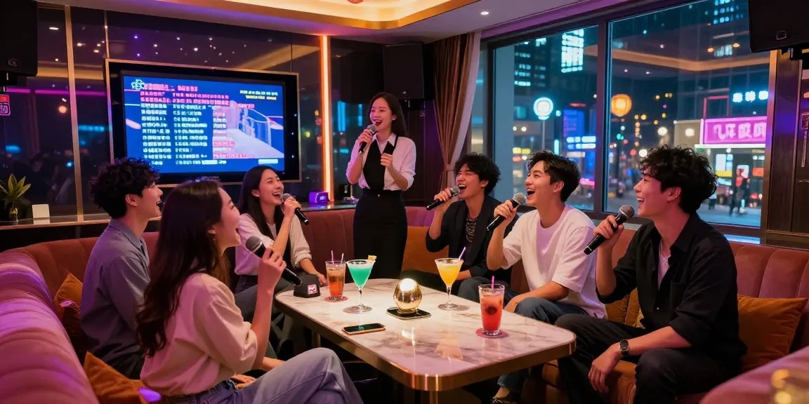 강남 가라오케에서 친구들과 함께 즐거움과 웃음을 나누는 모습, 화려한 조명과 아늑한 인테리어로 고급스러운 분위기를 느낄 수 있습니다.