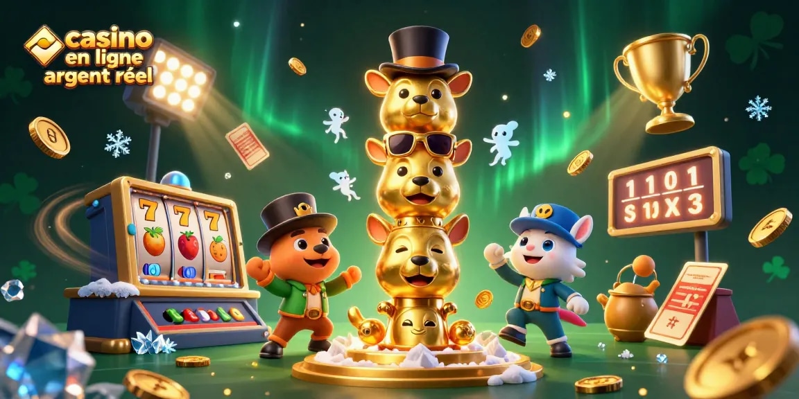 Découvrez le casino en ligne argent réel avec une illustration de totem doré et des éléments de jeu remplis d'énergie.