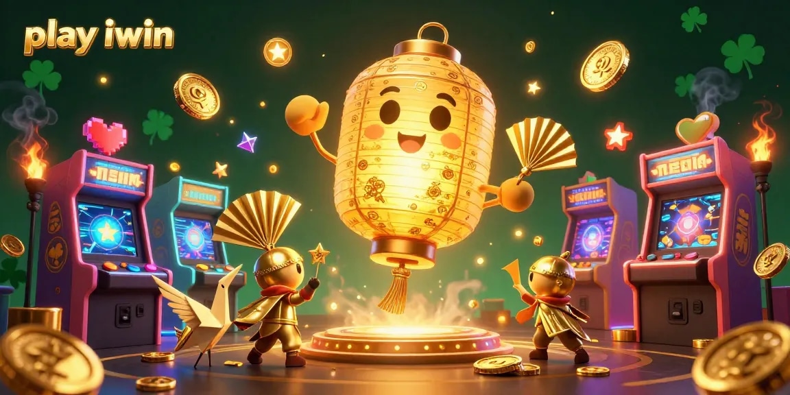 Play iwin in a vibrant, 3D casino-themed illustration featuring dynamic gaming elements and colorful characters.