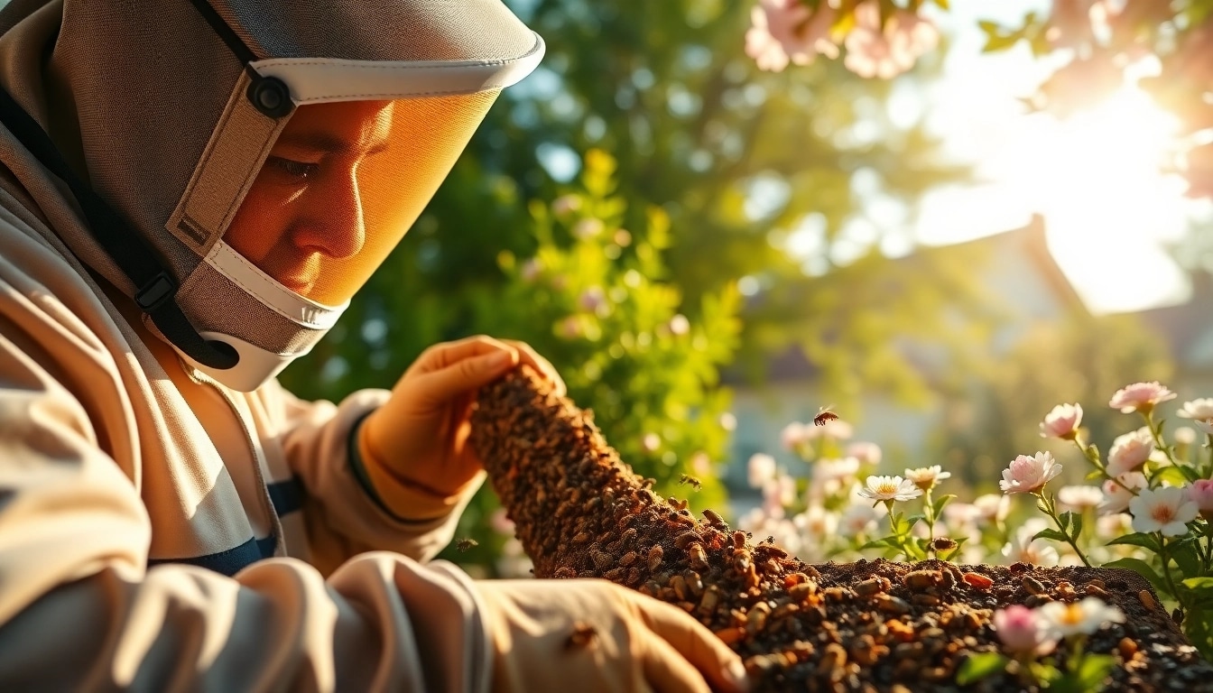 Expertly providing honey bee removal services with a technician ensuring safe hive extraction.