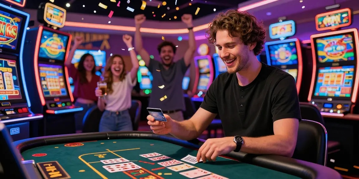 Exciting credit card casino scene with a player engaging at the table amidst vibrant lights and cheering friends.