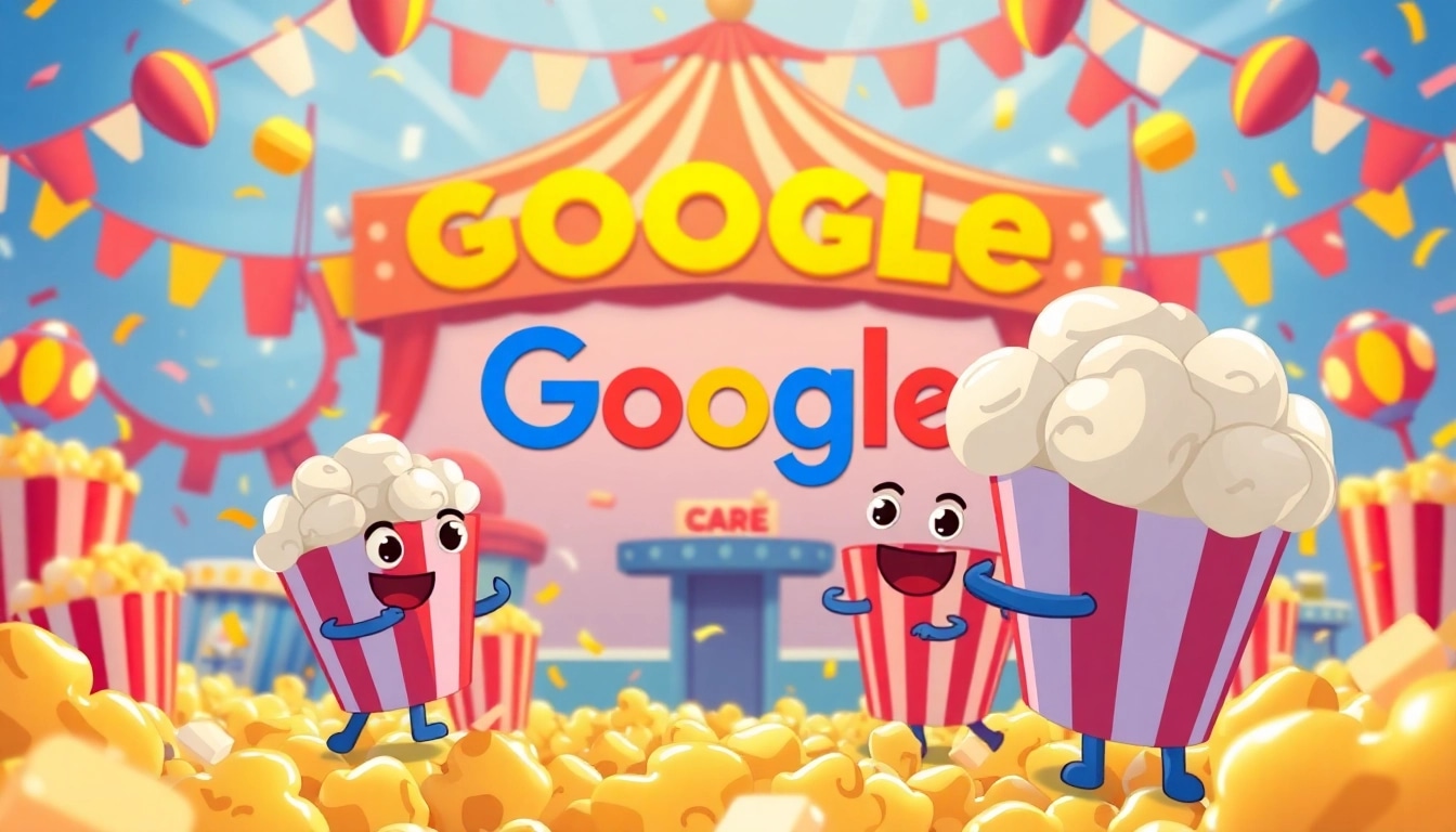 Players enjoying the Popcorn google doodle game with colorful popcorn characters and carnival setting.