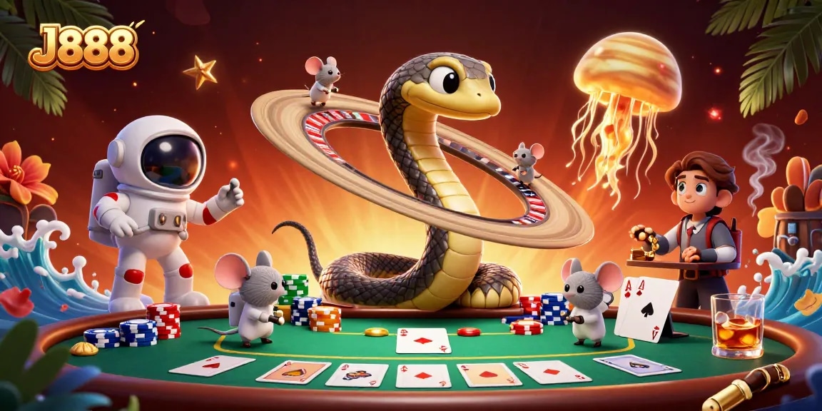 J888 casino adventure featuring astronaut mice betting on a roulette wheel made from Saturn's rings in a vibrant 3D scene.