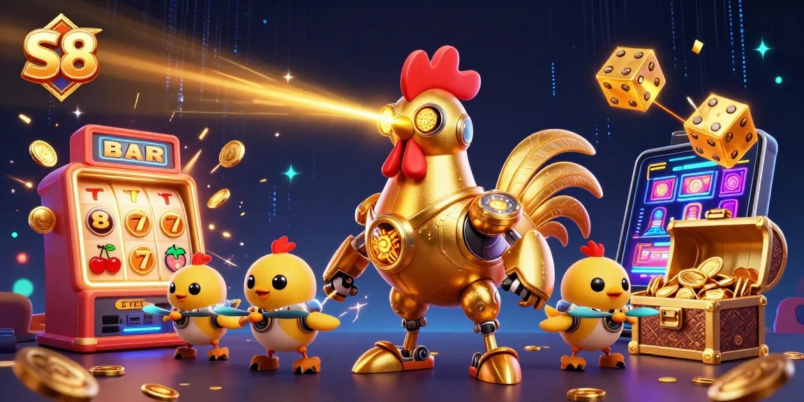 Experience the thrill of S8 with vibrant 3D graphics featuring a golden rooster robot and jackpot excitement.