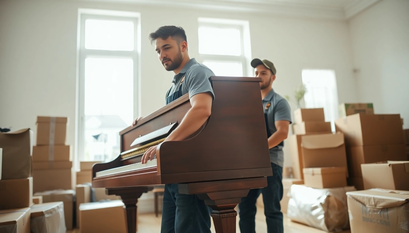 Movers providing specialty moving services Savannah GA handle a vintage piano carefully.