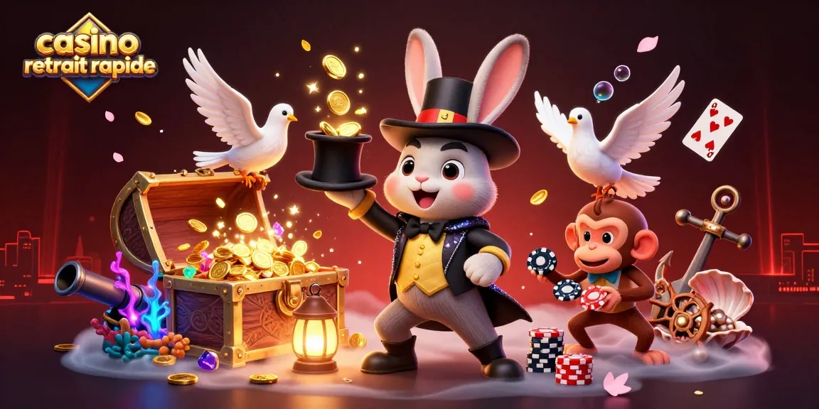 Visualisez le décor animé de casino retrait rapide avec un magicien, une colombe et un singe espiègle.