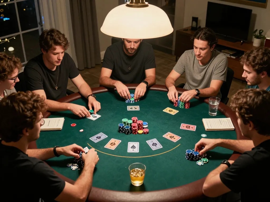 Players enjoying a lively poker night at home, showcasing strategies and excitement in sites not on gamstop.