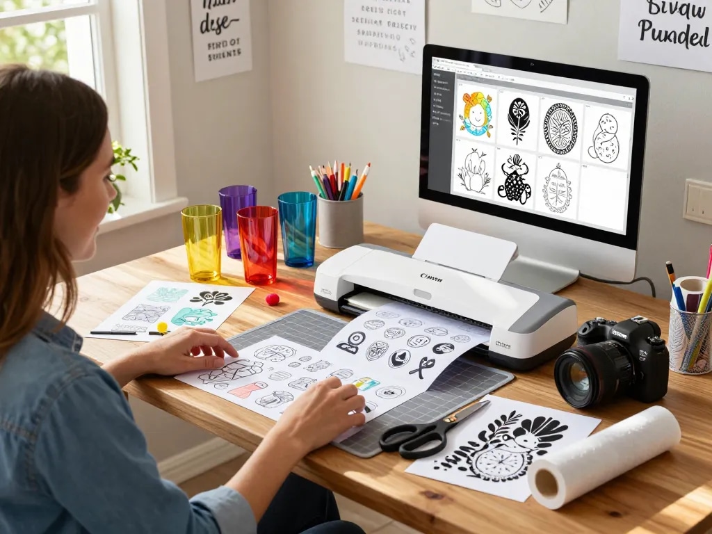 Enthusiastic crafter using a cricut svg bundle to customize colorful tumblers in a bright home workspace.