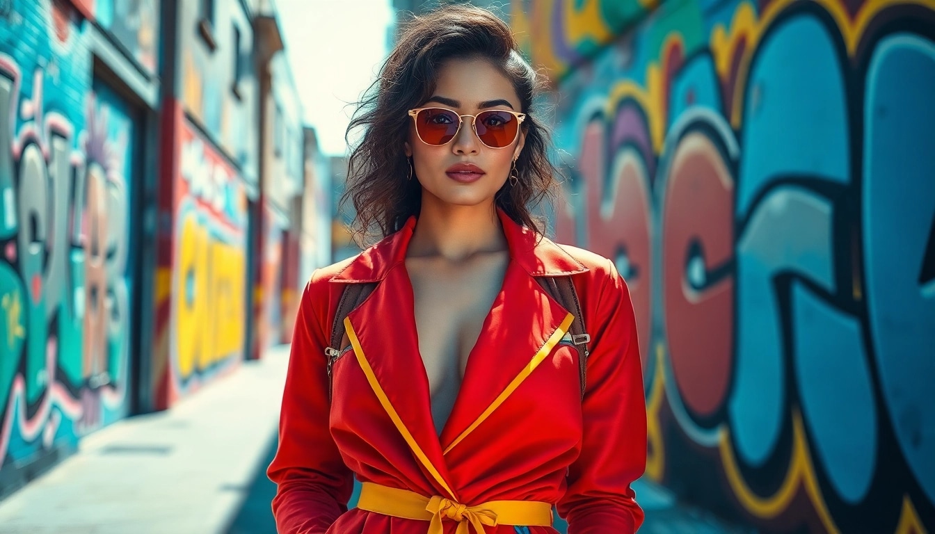 Showcasing fashion trends, a model exhibits vibrant outfit in an urban backdrop.
