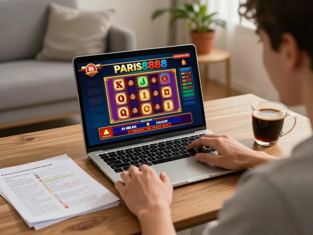 Engaging player utilizing the Paris888 platform for online gaming in a cozy home setting, highlighting excitement and strategy.