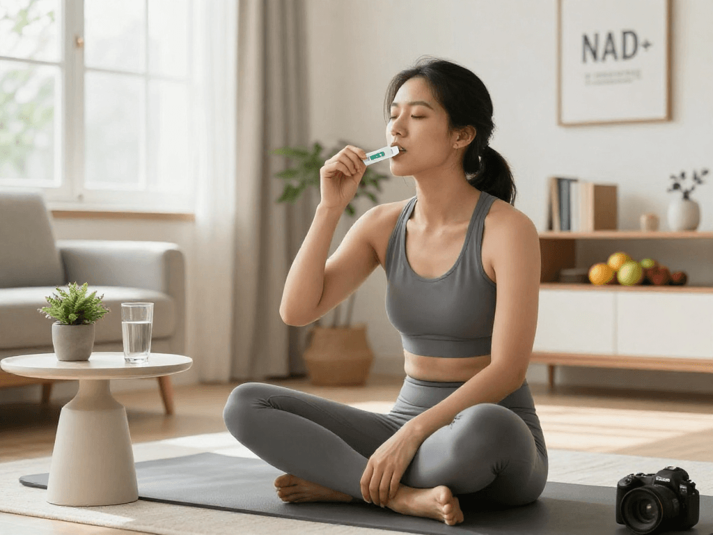 Individual consuming NAD+ benefits through a Restore Blend Peptide Buccal Strip in a serene wellness setting