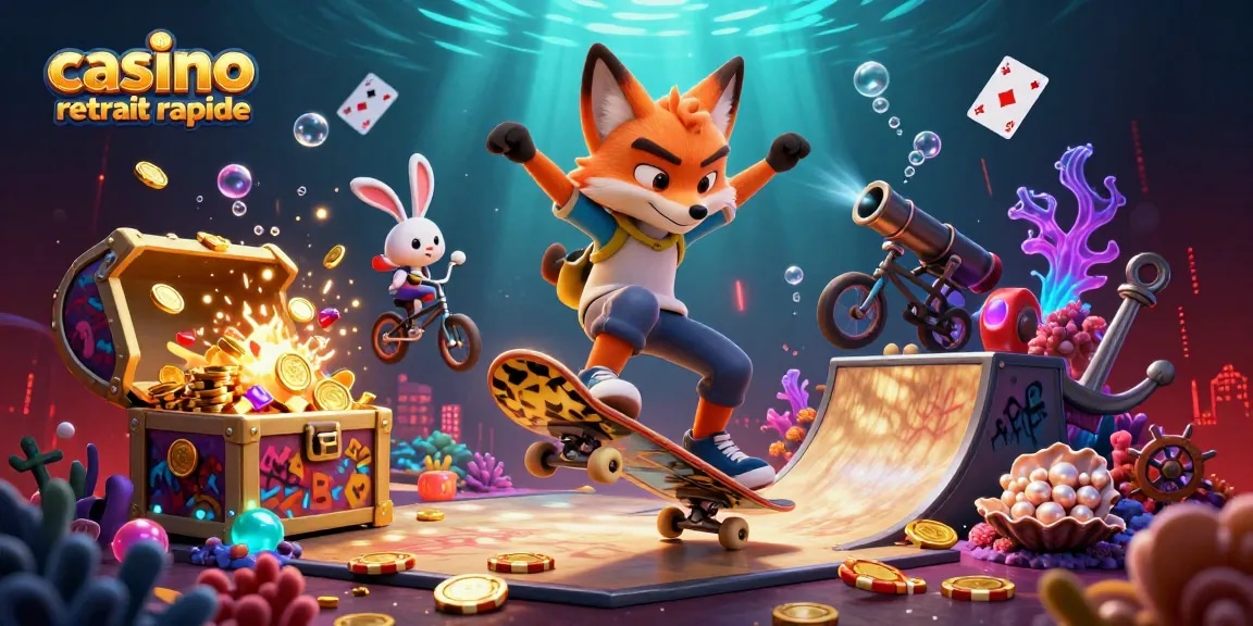 Illustration dynamique de casino retraçant le thème casino retrait rapide, avec un renard cascadeur et un lapin BMX.