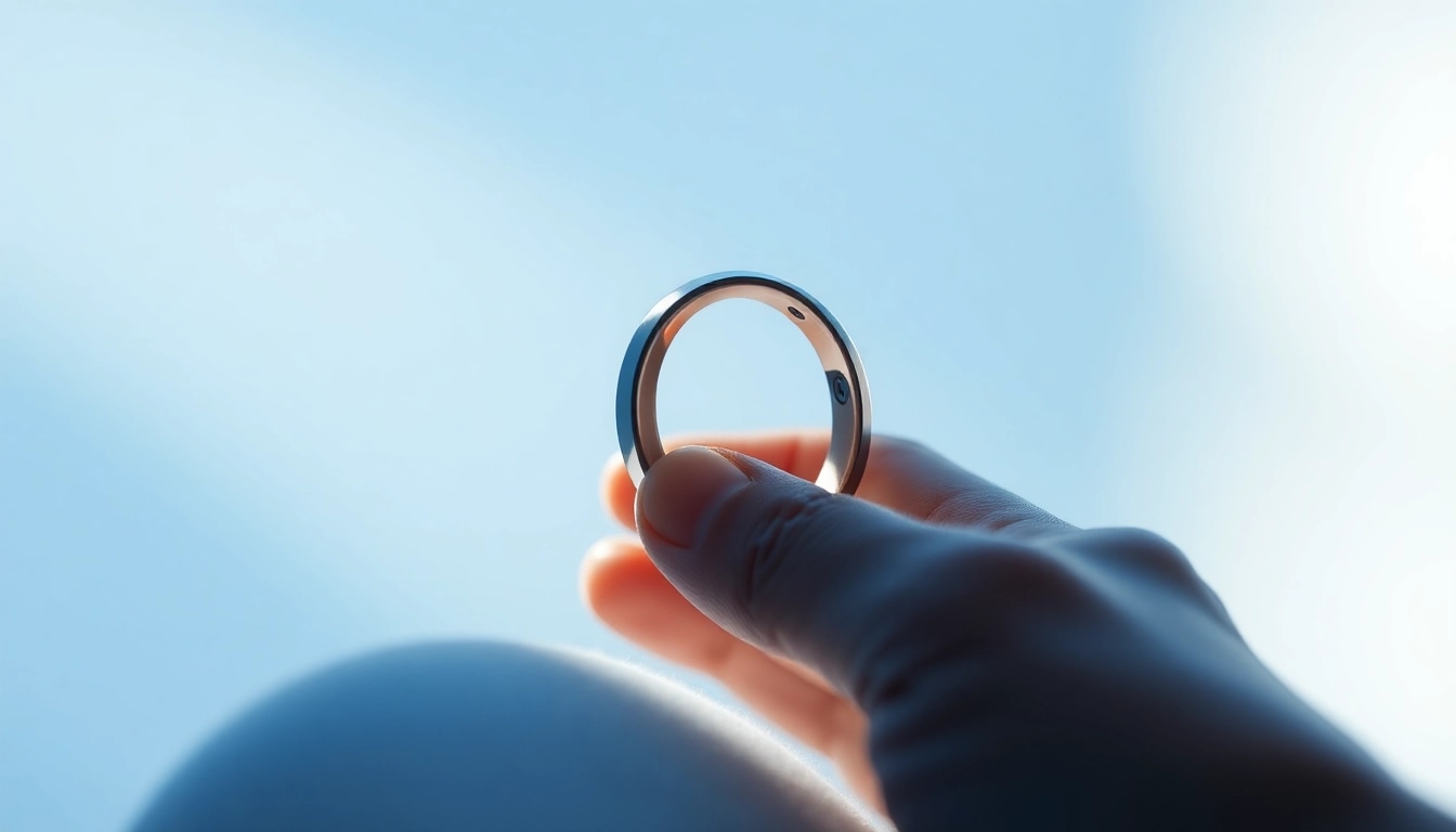 Holding a Ringconn smart ring in natural light, showcasing its sleek design and metallic finish.