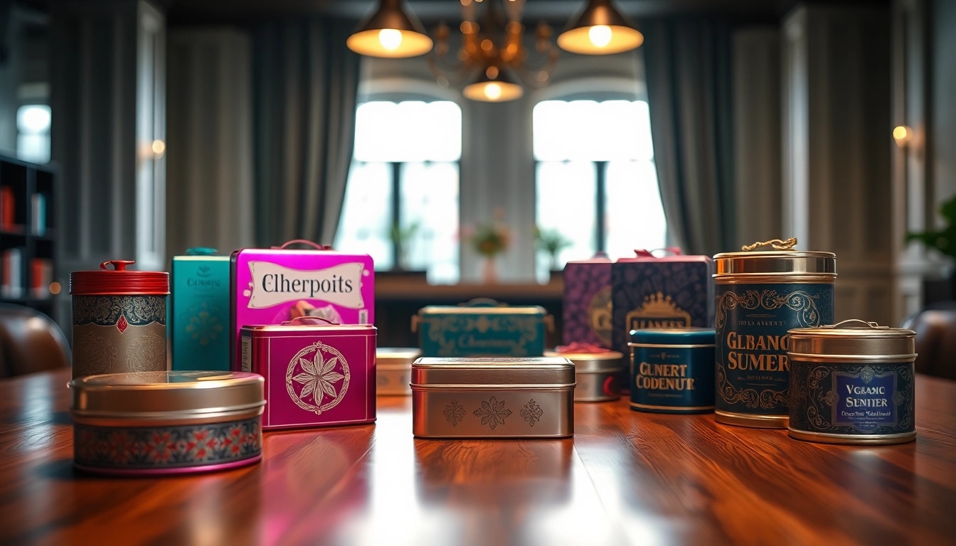 Showcasing custom tin boxes with intricate designs and metallic finishes on a wooden table.
