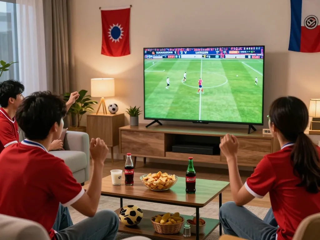 Fan enjoying live football on LuongSonTV in high definition, vibrant snacks and a lively atmosphere.