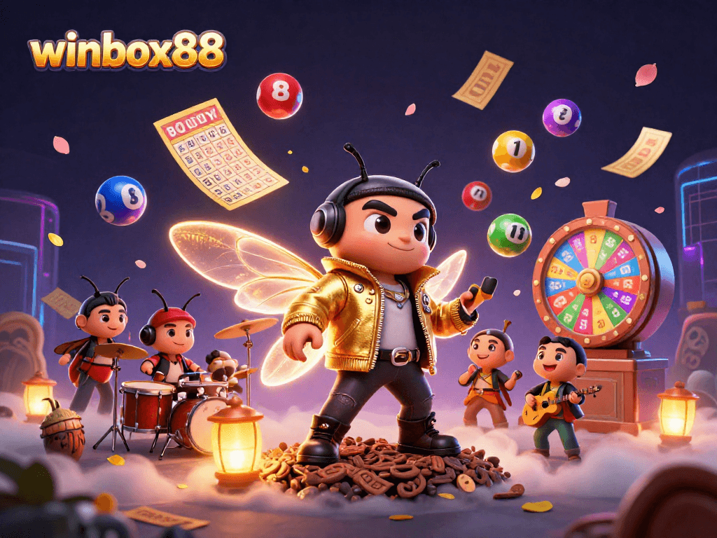 Engage with winbox88's vibrant online casino scene featuring dynamic lottery elements and characters.