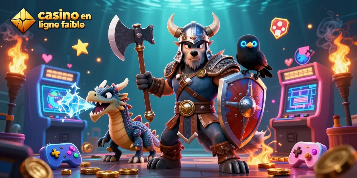 Gagnez au casino en ligne fiable avec des illustrations de guerriers et de dragons.