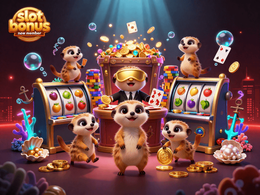 Engage with the slot bonus new member promotion in this vibrant meerkat casino scene filled with treasures and action.
