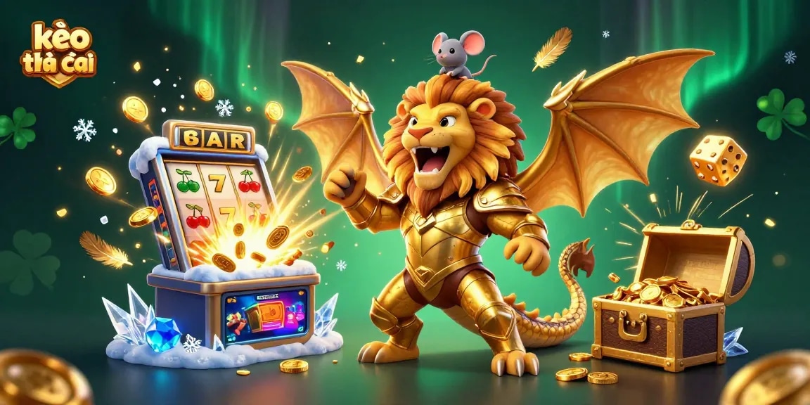 Engaging kèo nhà cái scene showcasing a triumphant chimera with golden slot machine explosion, colorful casino game elements.