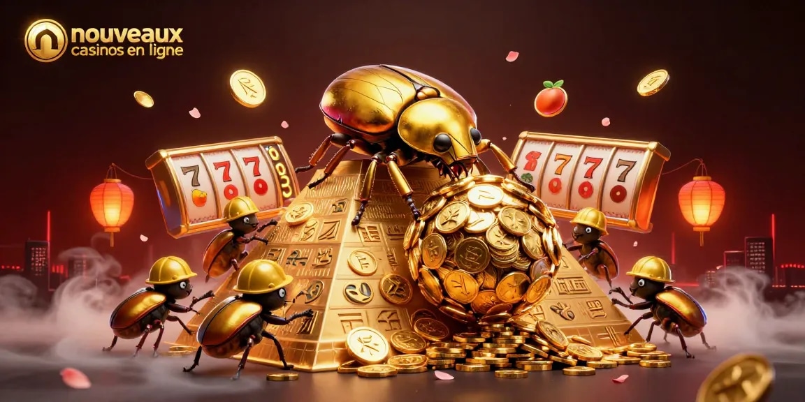 Illustration captivante sur les nouveaux casinos en ligne mettant en scène des scarabées dorés et des symboles de machines à sous.