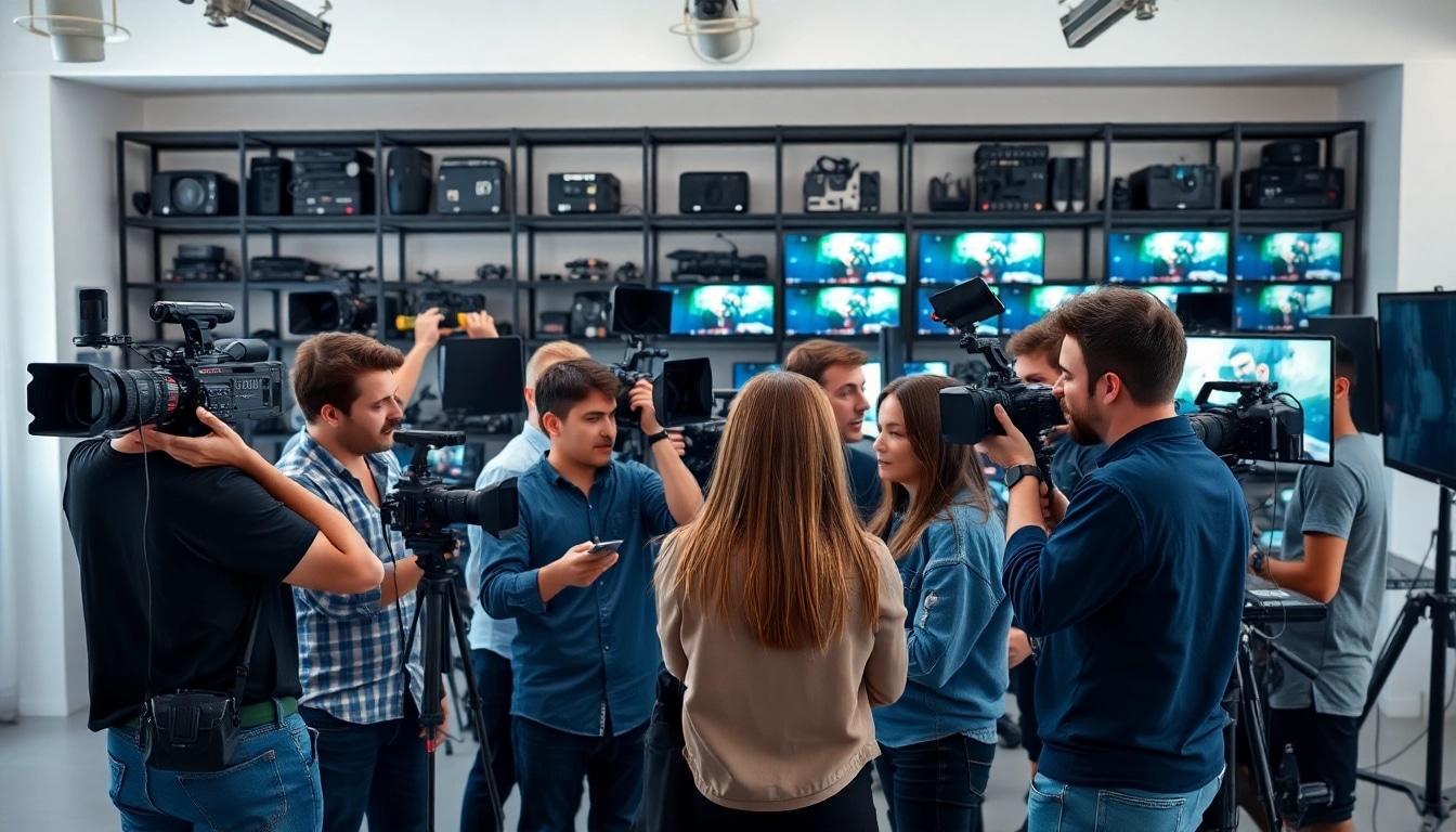 Showcasing a Video Production Company Calgary team collaborating on a film set with professional equipment.