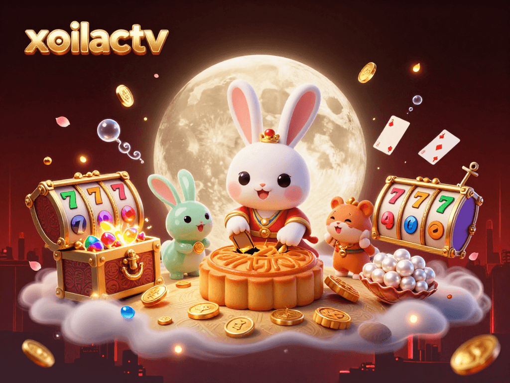 xoilactv shows a moon rabbit pounding mooncakes with poker chips, set in a vibrant casino-themed scene.