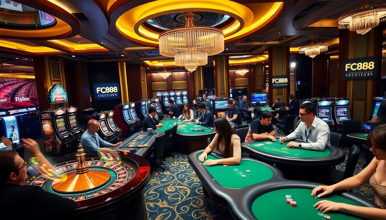 Excited gamblers at the luxurious FC88 casino, engaging with roulette and poker.